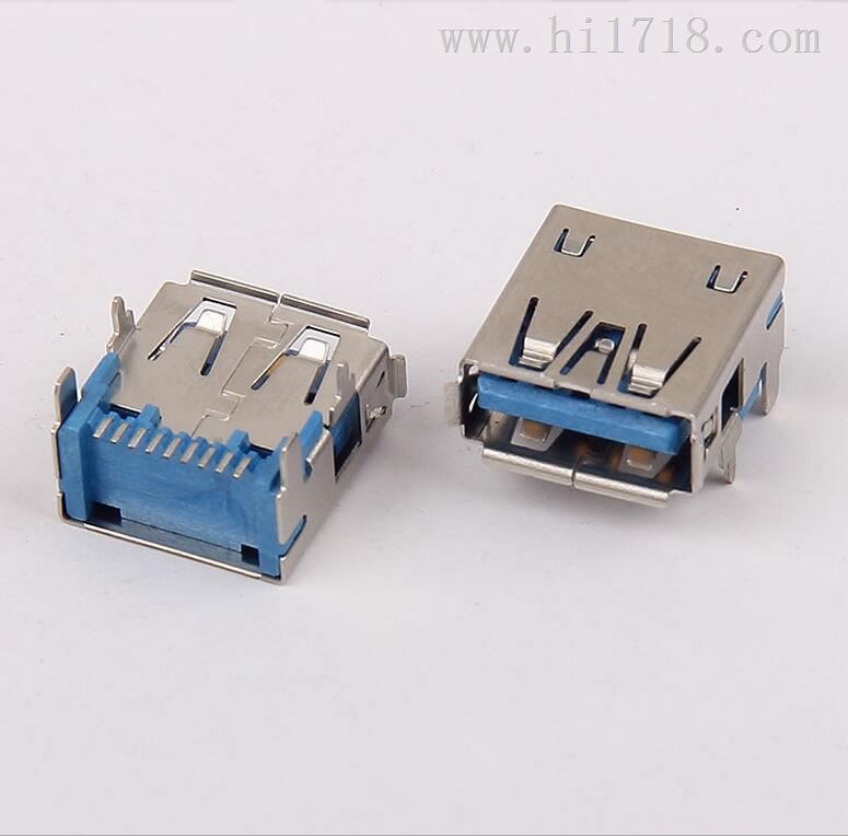 USB3.0AF母座——90度四脚DIP直脚插板针SMT贴板卷边/卷口蓝色胶芯