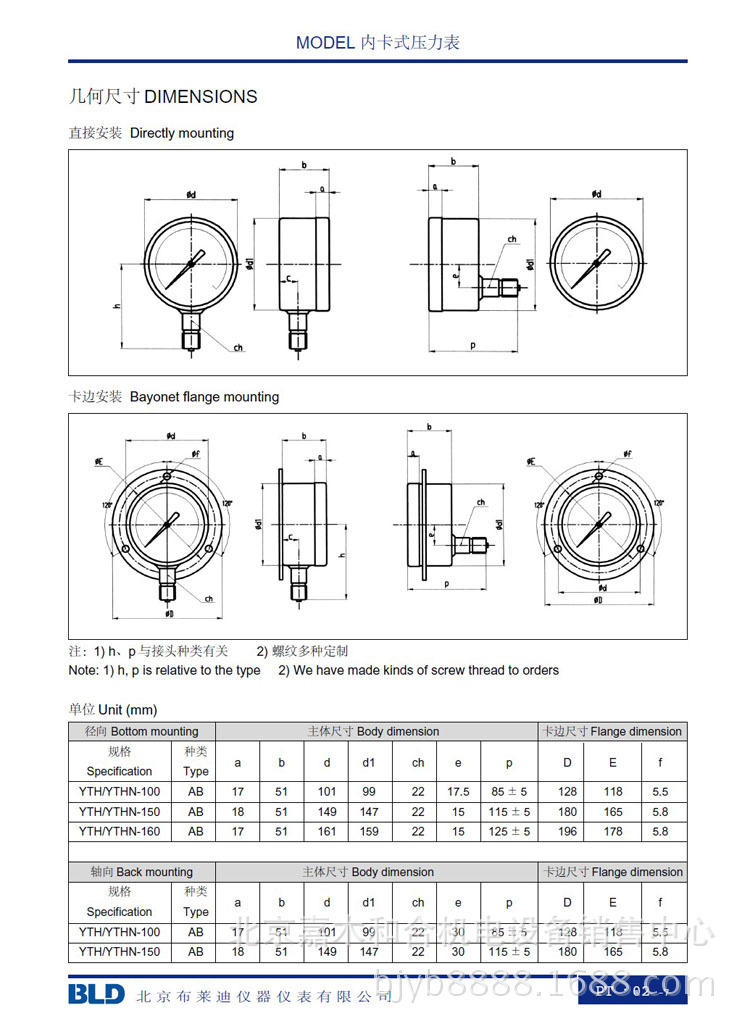 布莱迪-ytf100轴向带边压力表